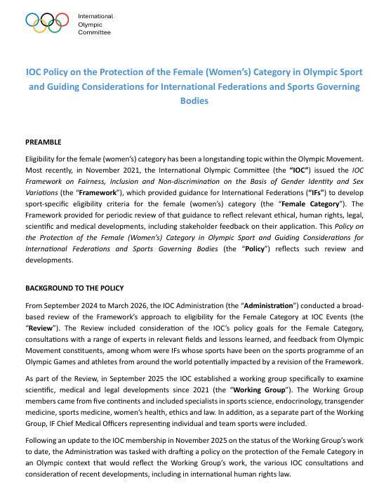 国际奥委会官宣：2028年奥运会开始任何女子组比赛参赛资格仅限于生物学女性(图1)
